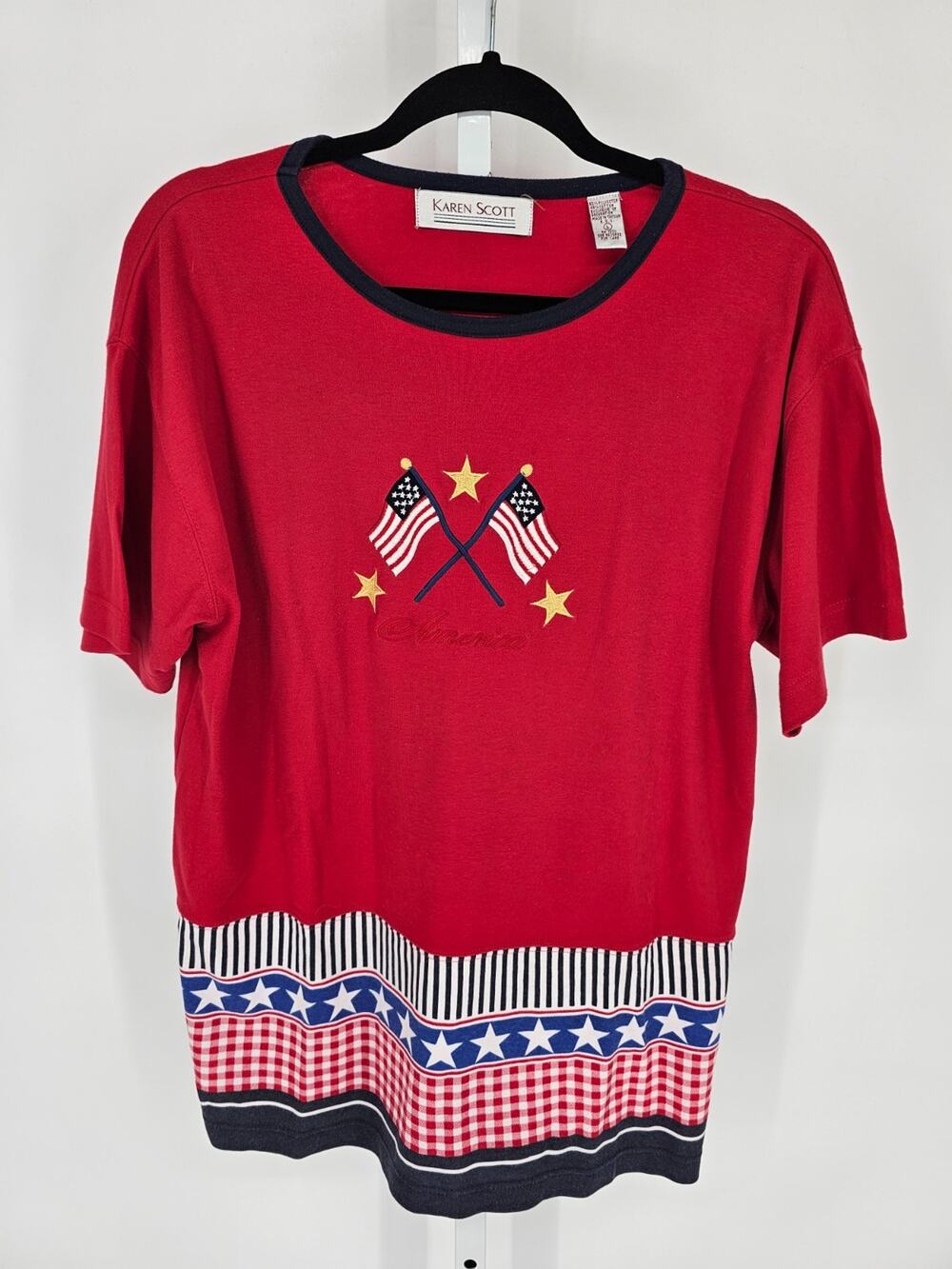 Karen Scott Womens Sz L Short Sleeve 4th of July T Shirt Embroidered Flag
